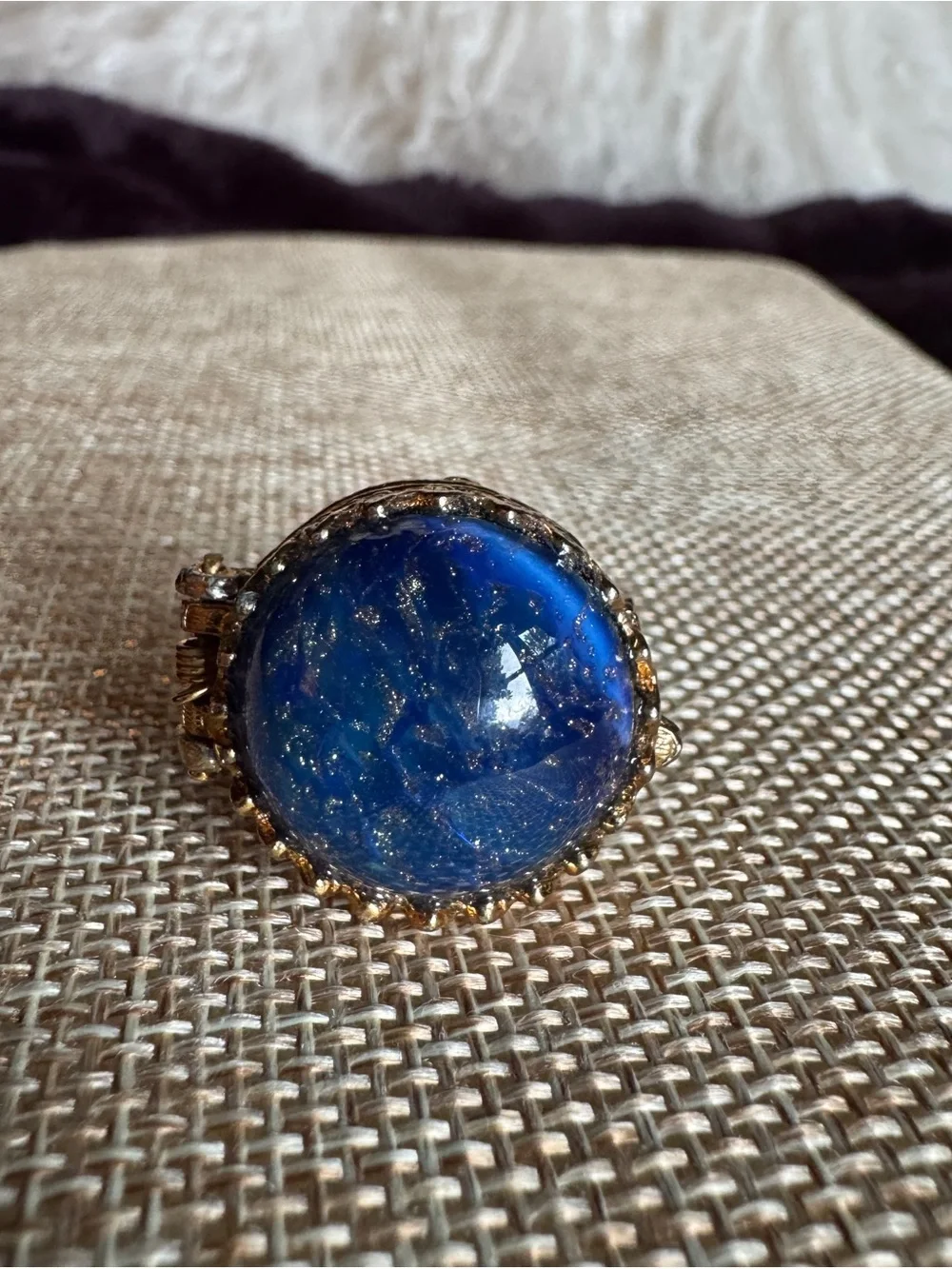 Antique Gold Plated Poison Ring with Deep Blue Glass Cabochon